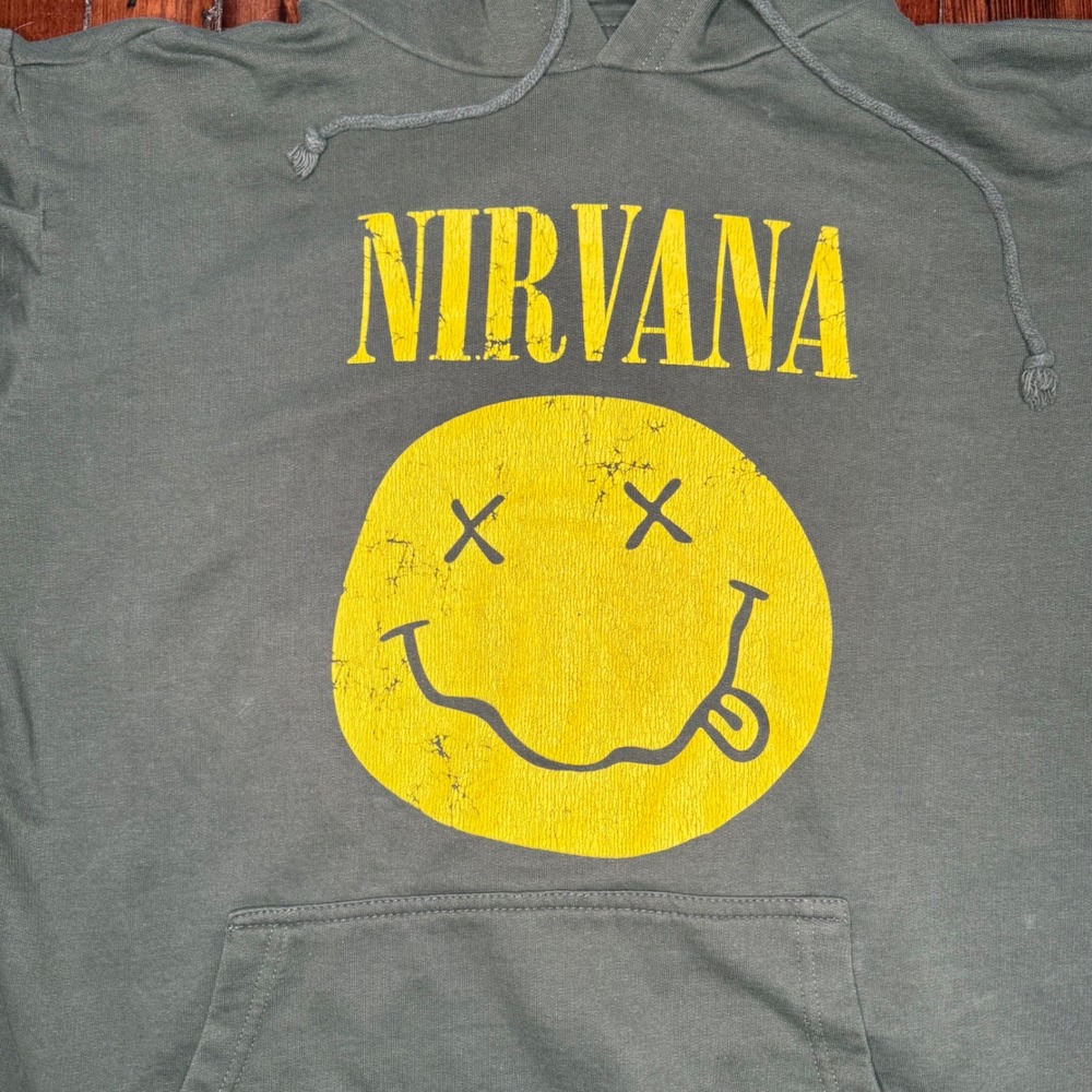 Nirvana Smiley Face Graphic Hoodie Men's Large Green Yellow Distressed Rock Band - Picture 2 of 5